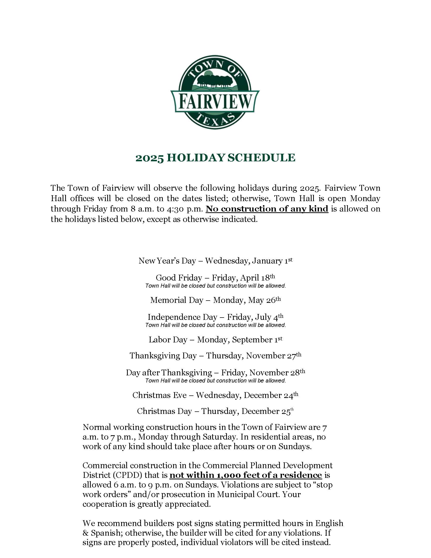 2025 Town of Fairview Holiday Schedule