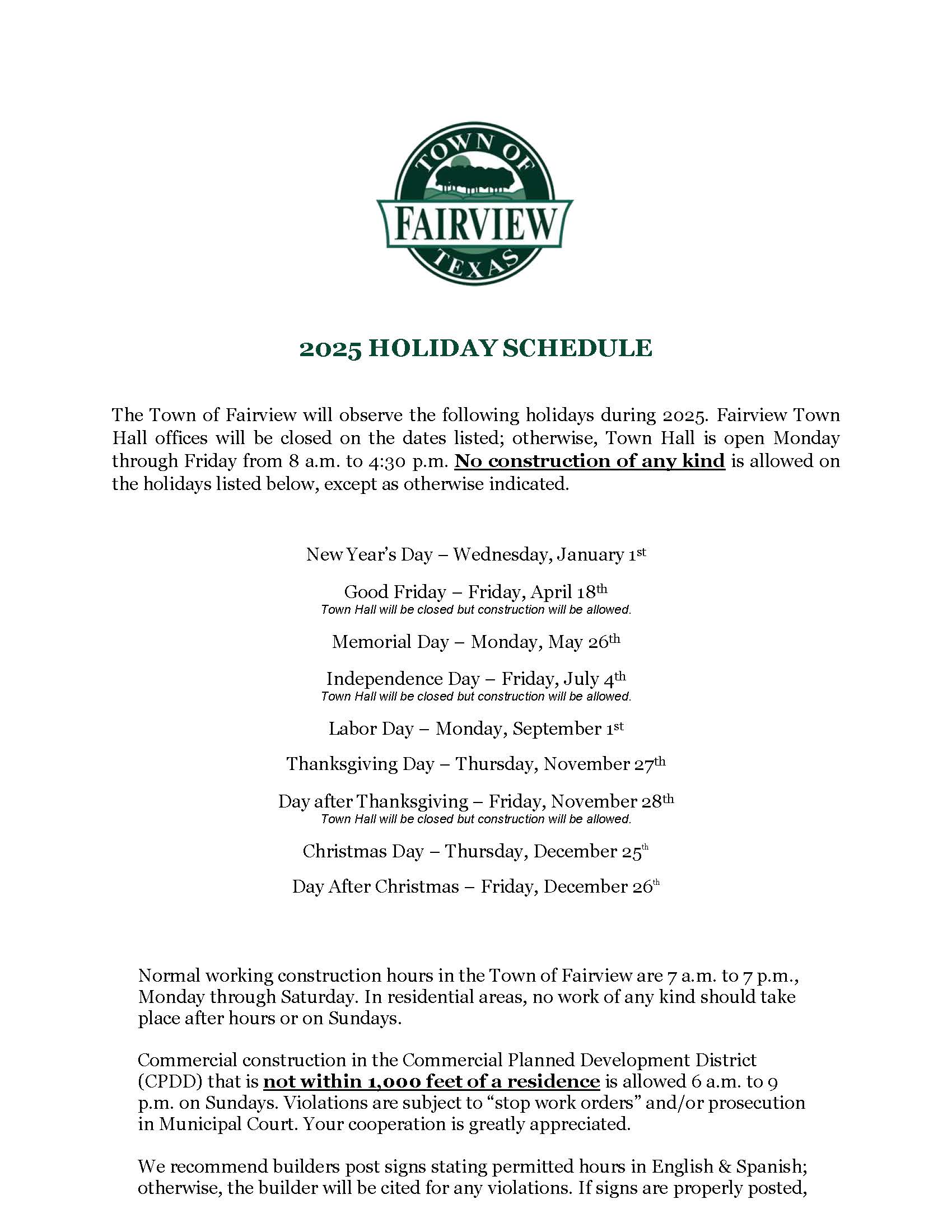 2025 Town of Fairview Holiday Schedule Page 1