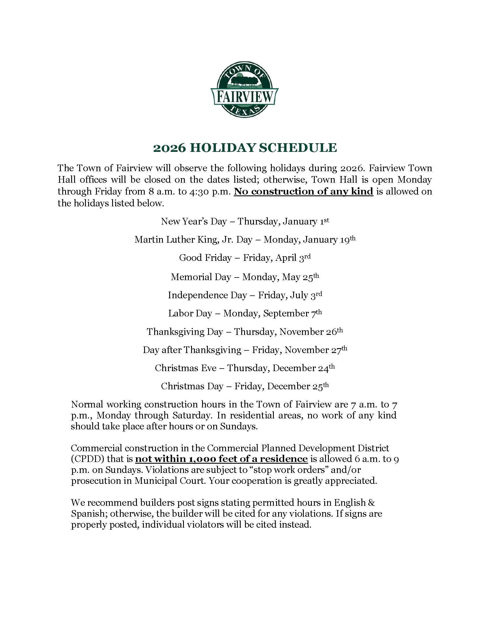 2026 HOLIDAY SCHEDULE for CONSTRUCTION 12.30.2025